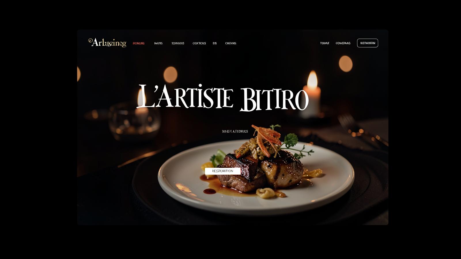 L'Artiste Bistro restaurant website, dark, elegant homepage with a plated signature dish