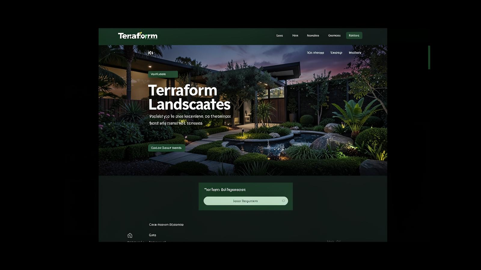 Terraform Landscapes website, modern landscaping brand homepage with a sculpted garden at dusk