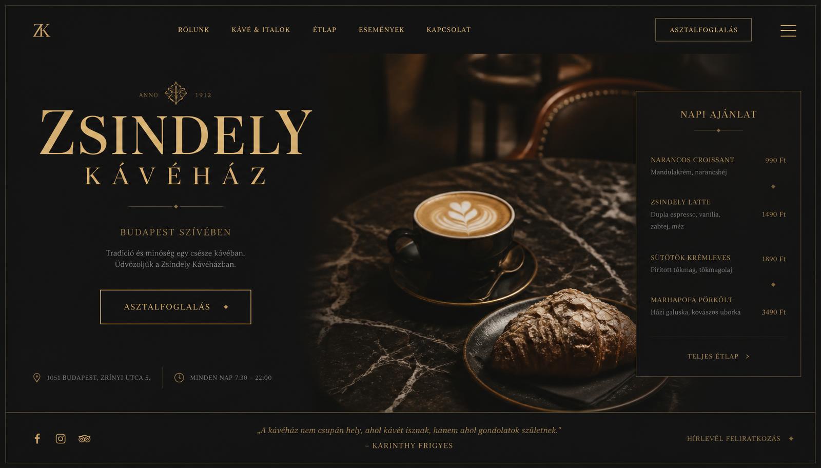 Zsindely Kávéház website, dark gold café homepage in Budapest with daily menu and table booking